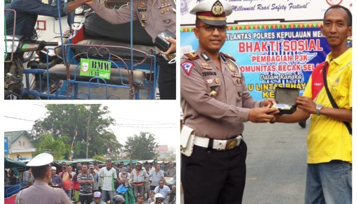Satlantas Kepulauan Meranti Bagi Masker Dan Kotak P3K Pada Persatuan BMW Dan Ketua Becak Barang