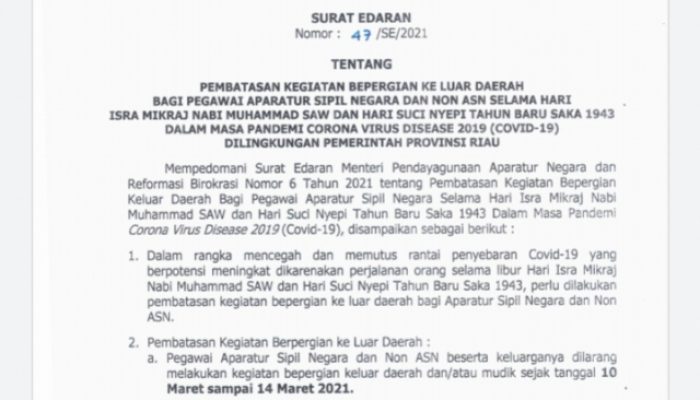 Gubri Syamsuar Terbitkan SE Larangan Keluar Kota Bagi ASN Selama Isra Miraj dan Nyepi