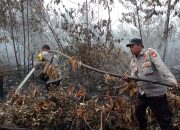 Polsek Tambang Ikuti Giat Pendinginan Bekas Kebakaran Lahan di Wilkumnya